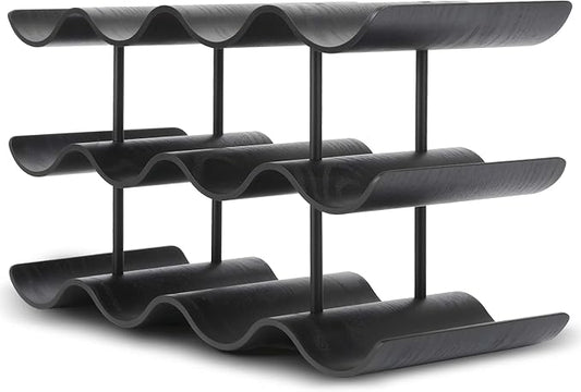 Countertop Wine Rack - 12 Bottle Freestanding Wine Bottle Holder Stand - 3 Tier Wooden Wine Storage Rack - Black Wavy Wine Organizer for Cabinet Pantry Home Kitchen Bar