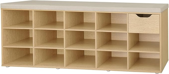 DINZI LVJ Shoe Bench, Entryway Storage Bench with Drawer and 14 Cubbies, Long Cubby Shoe Rack with Adjustable Shelves, Shoe Organizer for Living Room, Bedroom, Mudroom, Garage, Natural