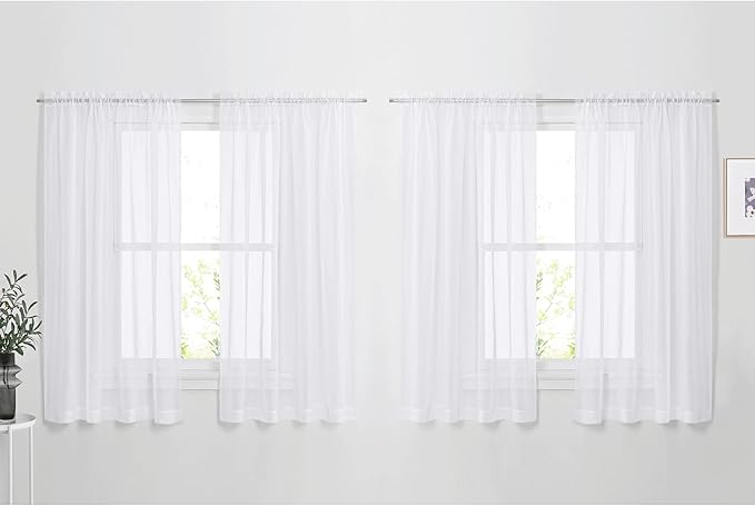 NICETOWN Window Sheer Curtains 63 - Window Treatment Rod Pocket Tulle Voile Drapes/Panels Set for Kitchen (4 Panels, W60 x L63, White)