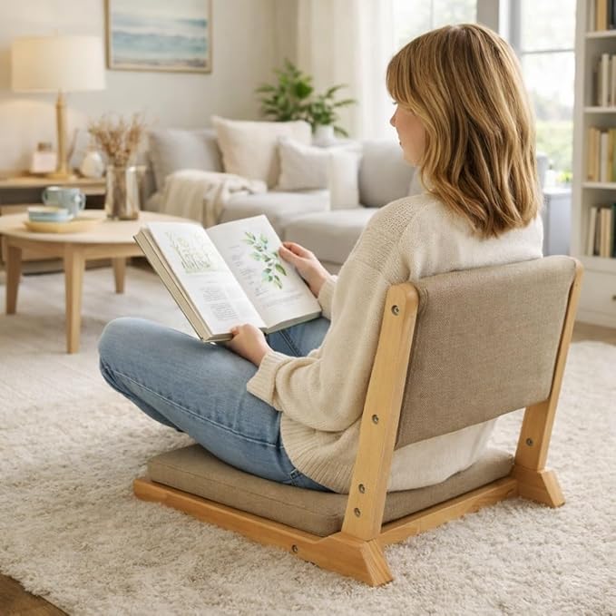HollyHOME Foldable Japanese Style Floor Chair with Back Support, Tatami Chair with Cushion, Meditation Seat for Bay Window, Living Room, Bedroom, Dark Grey