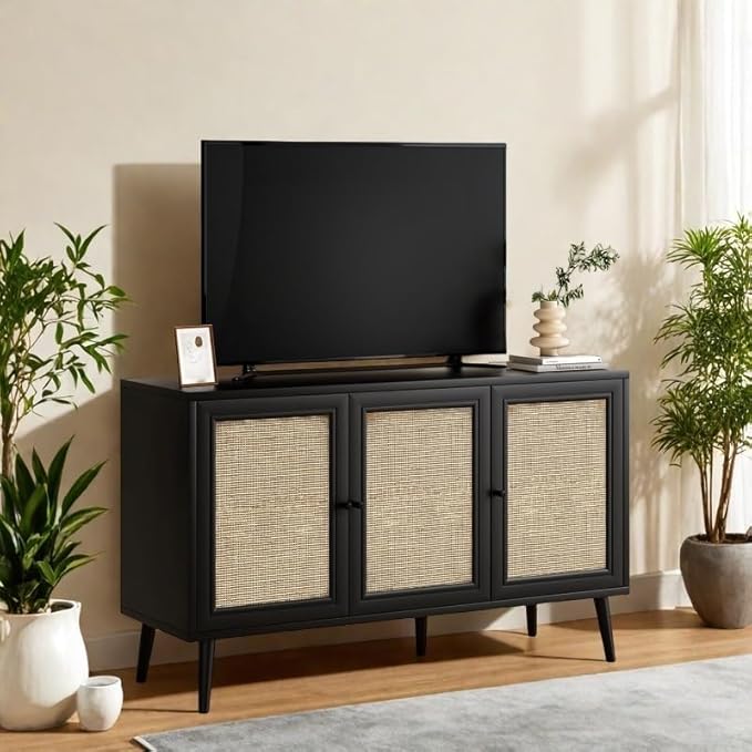 FONTOI Rattan Entryway Table, Entertainment Center with Adjustable Shelf, Sideboard Buffet Cabinet with 3 Rattan Doors, Modern Console Cabinet with Large Storage for Living Room, Kitchen, Black