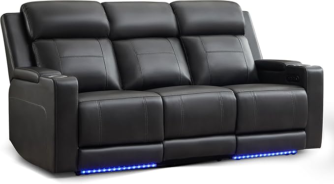 Power Reclining Sofa with Adjustable Headrest/LED Light, Electric Reclining Couch with Dual Ports, Storage, Outlet, Power Loveseat Recliner Sofa for Living Room,Apartment (Dark Grey, 3 Seater)