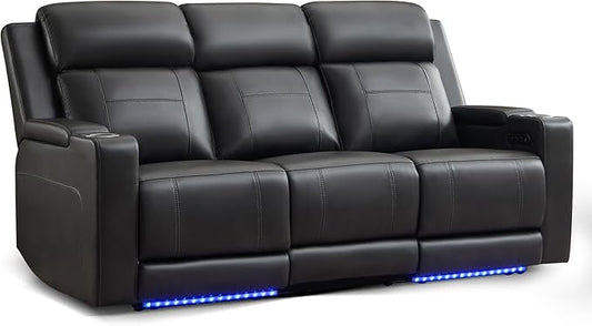 Power Reclining Sofa with Adjustable Headrest/LED Light, Electric Reclining Couch with Dual Ports, Storage, Outlet, Power Loveseat Recliner Sofa for Living Room,Apartment (Dark Grey, 3 Seater)
