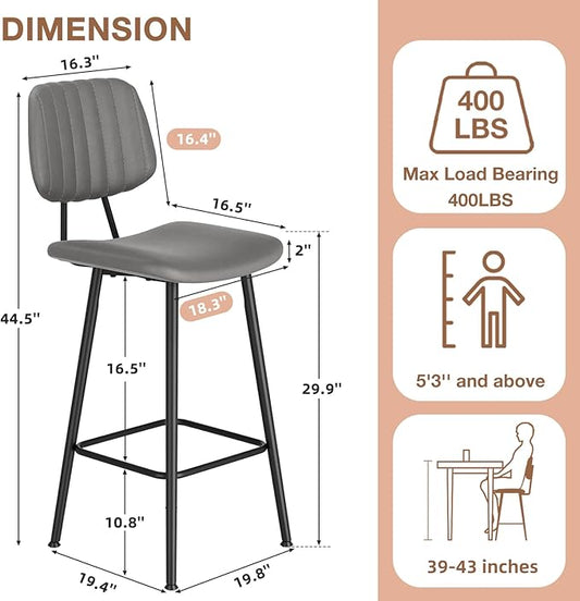29-Inch Leather Bar Stools Set of 3, Counter Height Barstools with High Backrest，Bar Chairs for Kitchen Island with Heavy Duty Metal Base, Gray