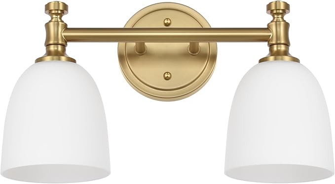 Gold Bathroom Vanity Light Fixtures, 2-Light Bathroom Vanity Light Fixtures Over Mirror, Traditional Vanity Lights for Living Room, Milk White Glass Shades, Standard E26 Base, Aged Brass