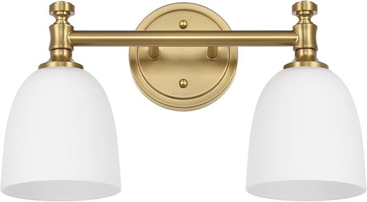 Gold Bathroom Vanity Light Fixtures, 2-Light Bathroom Vanity Light Fixtures Over Mirror, Traditional Vanity Lights for Living Room, Milk White Glass Shades, Standard E26 Base, Aged Brass