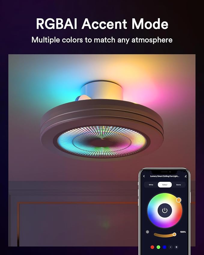 Lumary Smart WiFi & Bluetooth Ceiling Fan with RGBAI Light, Low Profile Ceiling Fan 18 Inch, 6 Speeds, Reversible - Compatible with Alexa, Google Assistant, Remote Control
