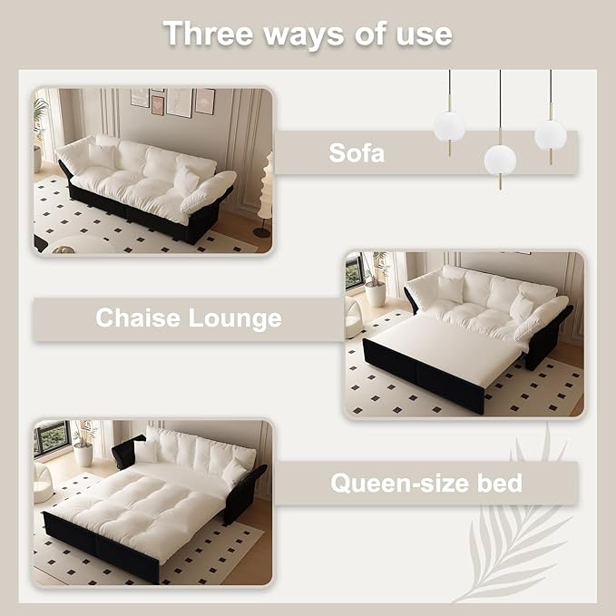 Eafurn 3-in-1 Convertible Sofa Bed Queen Size Pull Out Sleeper Sofa with Skin-Friendly Velvet Fabric, Multi-Functional Loveseat with Pillow Armrest for Guest Room & Living Room