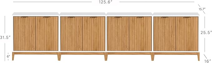 Nathan James Jasper Modern Sideboard, TV Stand with Fluted Doors, Accent Storage for Kitchen or Living Room, White/Warm Pine, Set of 4