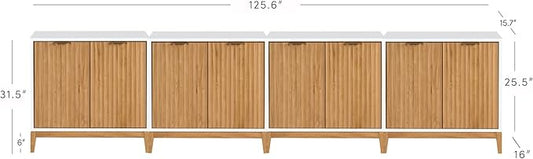 Nathan James Jasper Modern Sideboard, TV Stand with Fluted Doors, Accent Storage for Kitchen or Living Room, White/Warm Pine, Set of 4