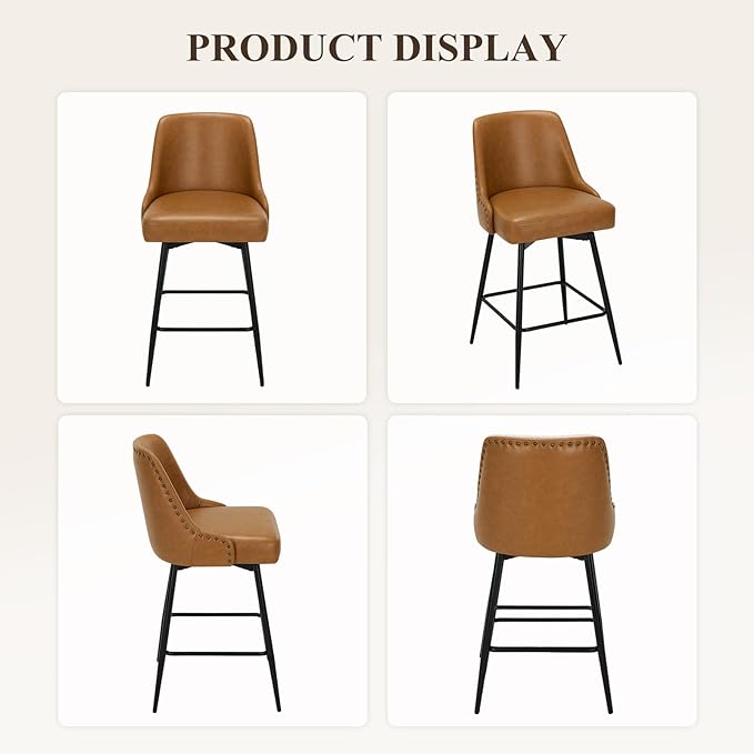 Bar Stools Set of 4, 26" Swivel Counter Height Chairs with Back,Thick Padded Seat & Footrest,Modern Faux Leather Barstool for Kitchen Island,Dining Room,Pub,Brown