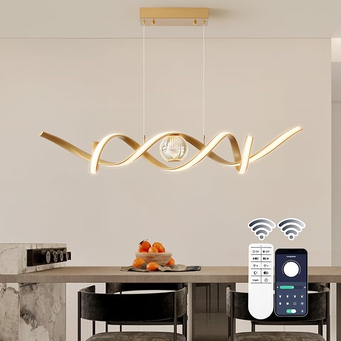 LED Modern Chandeliers for Dining Room, 39in Dimmable Gold Chandelier Kitchen Pendant Lighting Over Island, Linear Wave Spiral Pendant Light Fixtures Dining Room Lights Ceiling Hanging, 36W