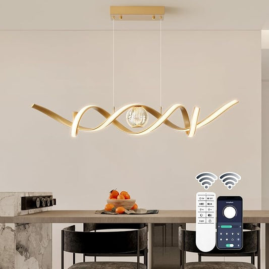 LED Modern Chandeliers for Dining Room, 39in Dimmable Gold Chandelier Kitchen Pendant Lighting Over Island, Linear Wave Spiral Pendant Light Fixtures Dining Room Lights Ceiling Hanging, 36W
