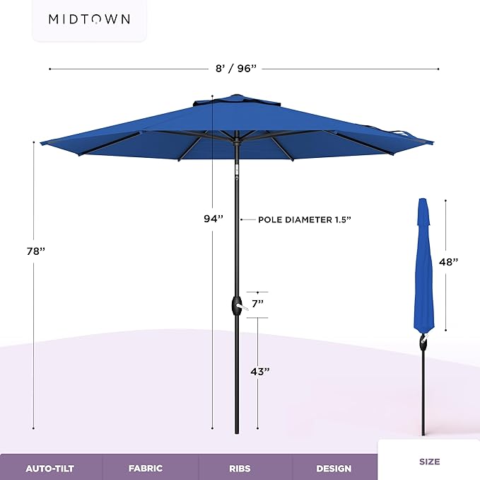 Midtown Umbrellas – The Lean 8 Ft Patio Umbrella with 10-Year-No-Fade Acrylast Acrylic Fabric, Auto-Tilt and 8 Reinforced Ribs for Deck, Pool, Garden, Hotel & Cafes – Deep Atlantic Canopy, Black Pole