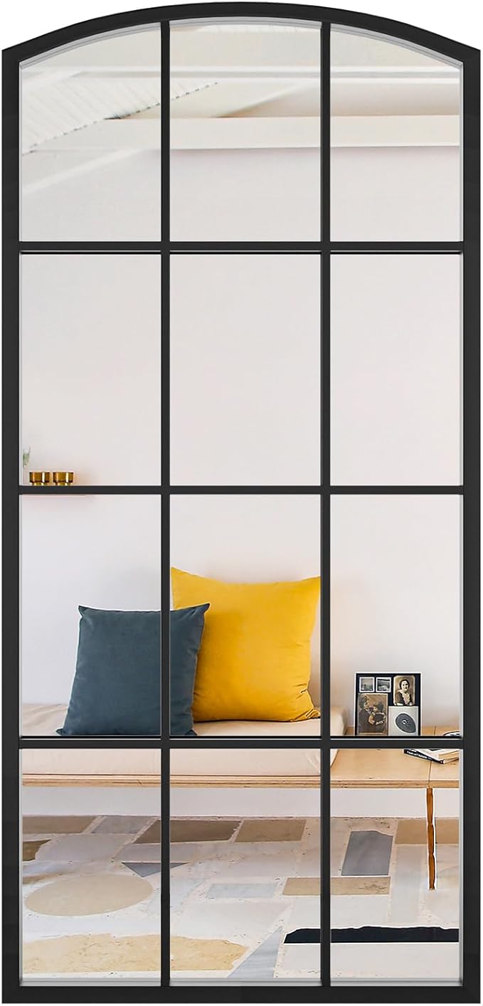 Arched Window Mirror, Arch Windowpane Mirror, Matte Black Window Pane Mirrors, Grid Frame Decorative Wall Mirrors for Living Room, Entryway, 24"x 48"