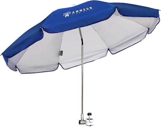 AMMSUN Chair Umbrella with Universal Clamp Adjustable 47 inches and 360° Swivel & UPF 50+ Protection Portable Sun Umbrella, Secure Clip on Camping/Beach Chairs, Stroller, Wheelchair, Golf cart, Lounger, Blue, Large-sized