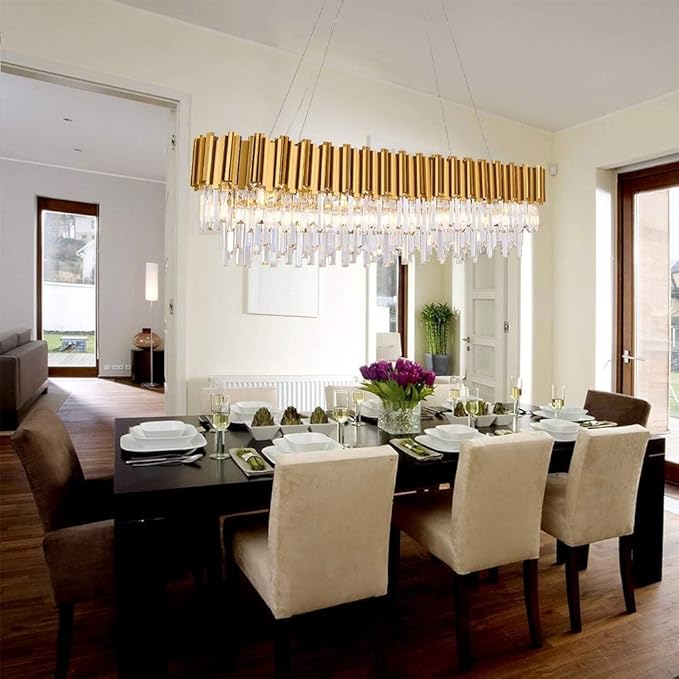 W51 Luxury Modern Crystal Linear Chandelier Lights Pendant Ceiling Light Oval Raindrop Contemporary Chandeliers Lighting Fixture for Kitchen Island Dining Living Room Bedroom Gold