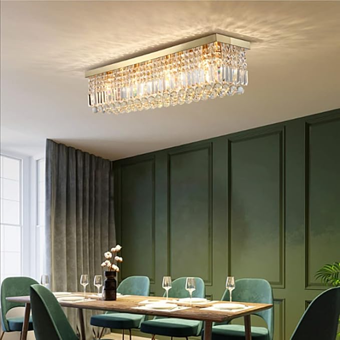 7PM Rectangular Chandelier, Modern Dining Room Light Fixture with Raindrop Chandelier Crystals, 8 Lights Flush Mount Rectangle Chandelier for Dining Room Living Room, L40” x W10” x H10” Gold