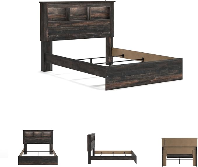 Signature Design by Ashley Drystan Rustic Queen Bookcase Bed with Open Cubbies and LED Lights, Foundation or Box Spring Needed, Dark Brown & Gray