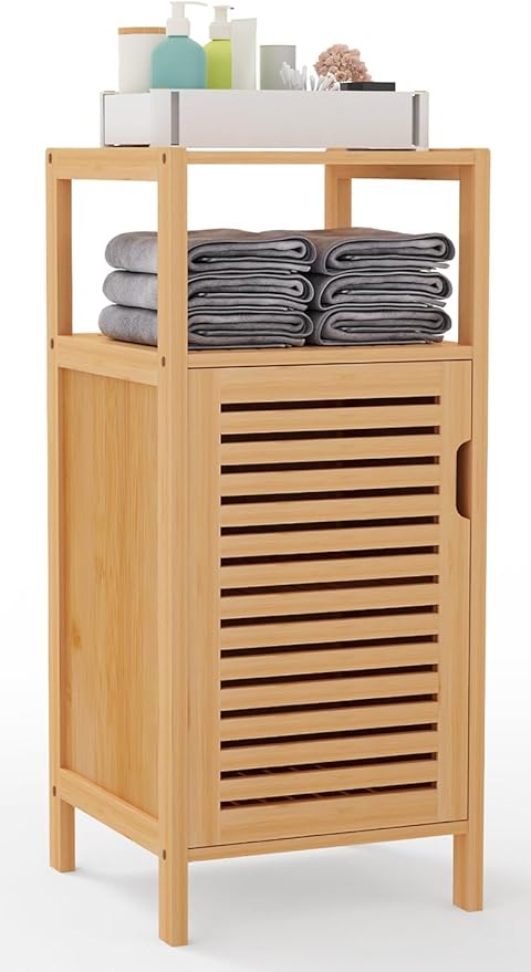 Bamboo Bathroom Storage Cabinet, Freestanding Floor Cabinet with Single Door for Living Room, Bedroom, Hallway, Kitchen