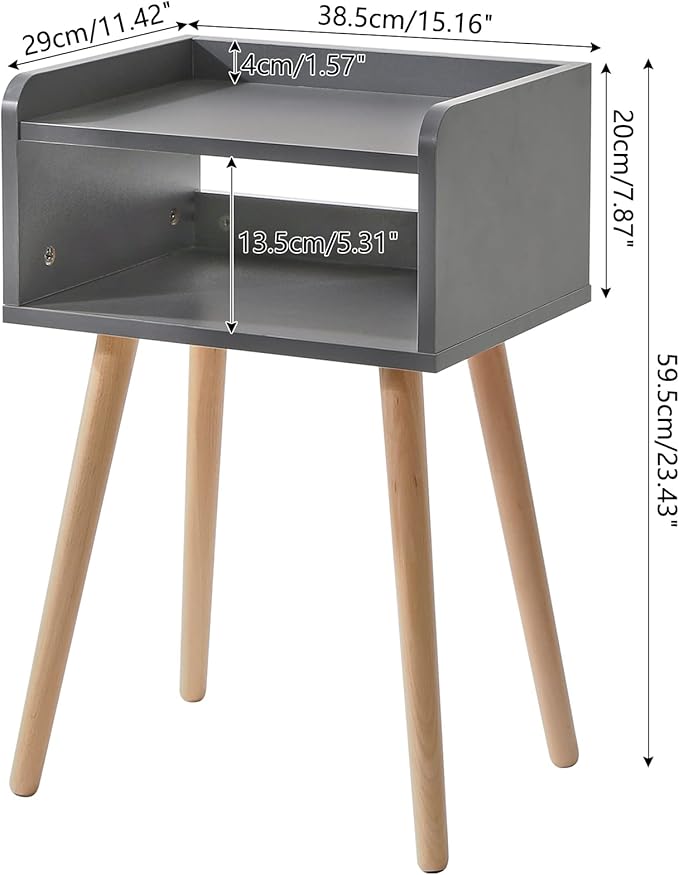IBUYKE Nightstand, Mid-Century Modern Bedside Table with Solid Wood Legs, Minimalist and Practical End Side Table with Open Storage Shelf, for Living Room/Bedroom/Office, Grey UWNS003G