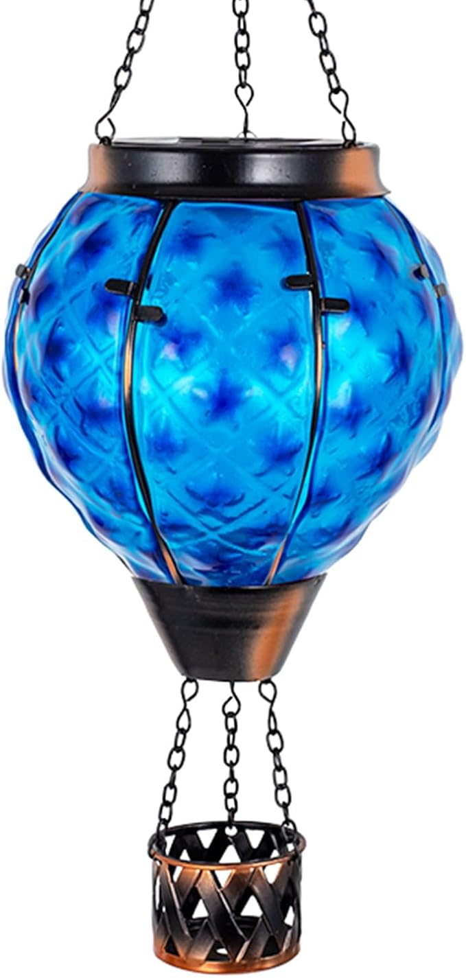 Solar Hot Air Balloon Lantern with Flame,Glass Solar Hanging Lights Outdoor Waterproof,Hot Air Balloon Solar Blue Star Lamp Decorative for Lawn Porch Tree Yard
