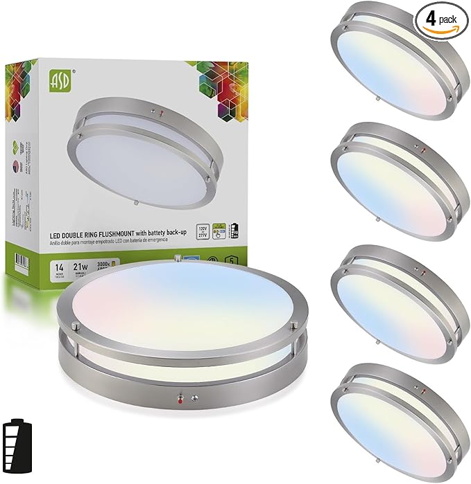ASD LED 14" Round Flush Mount Lighting, Close to Ceiling Light Fixture | 3CCT, Dimmable, Battery Backup, ETL Listed | 21W 1854LM 3000-5000K 100-277V | Low Profile Double Ring Lamp | Nickel, 4 Pack