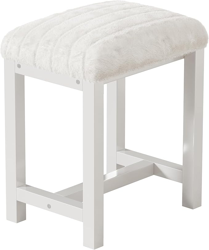 Small Vanity Stool, Cute Vanity Stools with Soft Faux Rabbit Fur Cushion, White Makeup Vanity Chair for Small Spaces, Living Room, Bedroom, Entryway, Ottoman Foot Rest for Couch Sillas Modern
