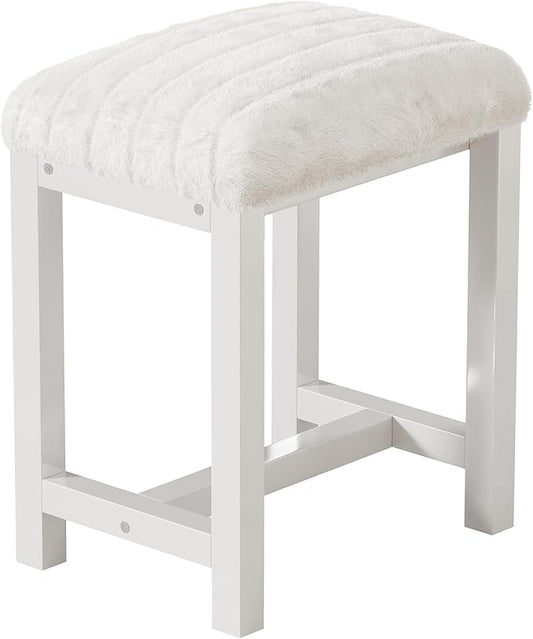 Small Vanity Stool, Cute Vanity Stools with Soft Faux Rabbit Fur Cushion, White Makeup Vanity Chair for Small Spaces, Living Room, Bedroom, Entryway, Ottoman Foot Rest for Couch Sillas Modern