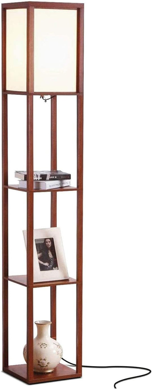 Brightech Maxwell - Modern Shelf Floor Lamp with Lamp Shade & Warm White LED Bulb, Corner Display Floor Lamp with Shelves for Living Room, Bedroom, Nightstand Office, Home Decor Storage - Walnut Brown