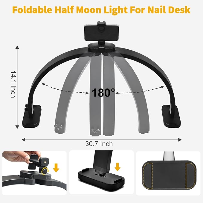 CGBE Half-Moon Nail Light for Desk : Professional Manicurist Table Lamp for Nail Salon Lighting and Eyelash Extensions with Phone Holder - Extra Large 30.7" Craft Desk Light - Black