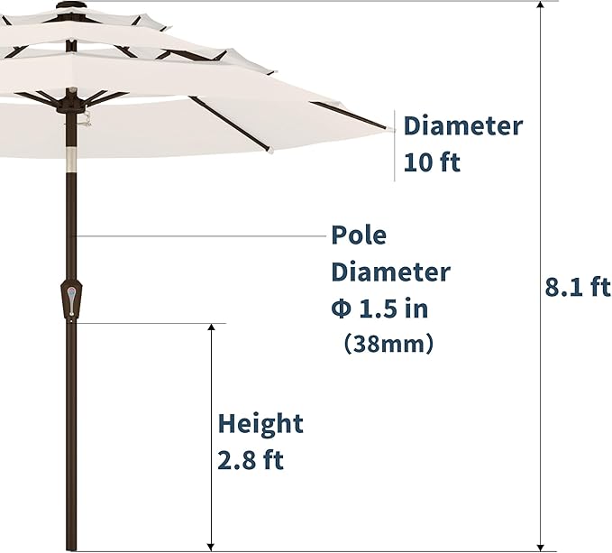PatioKingdom 9ft 3-Tier Patio Market Umbrella with Crank/Tilt, Commercial Heavy Duty Wind Proof,Outdoor Table Umbrella with 8 Fiberglass Ribs,UPF50+ for Deck,Pool,Garden,Backyard (Creamy-white)