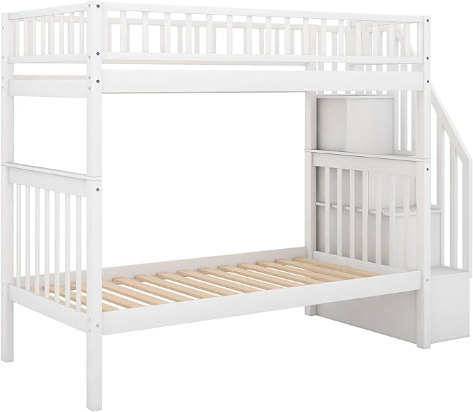Twin Over Twin Bunk Beds with Staircase and Trundle Bed, No Box Spring Needed for Teens, Boys or Girls