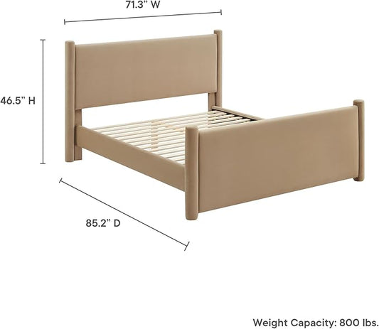 Modway Rael Queen Platform Bed Frame with Upholstered Headboard and Footboard in Taupe – Stain-Resistant Performance Velvet Queen Size Bed with Rounded Posts