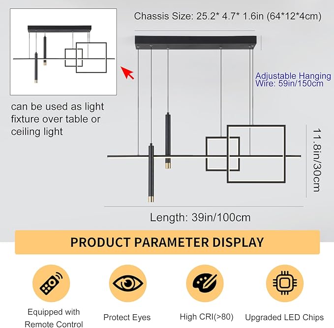 Modern LED Chandelier Lighting, Dimmable Linear Black Pendant Light with Squares, 39in Dining Room Hanging Light Fixture, Kitchen Island Pendant Light for Dining Table Bar (3000lm/50W)