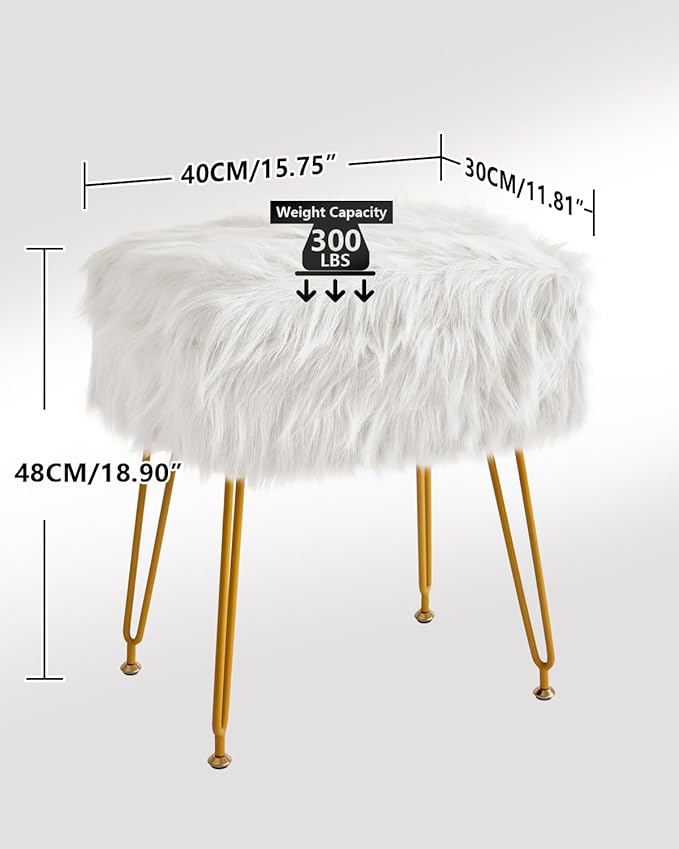 IBUYKE Rectangular Faux Fur Vanity Stool with Storage, Furry Makeup Chair Ottoman, Soft Padded Seat, Round Footrest Footstools with 4 Metal Legs, for Living Room Bedroom Entryway, White WBD022W