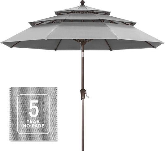 MASTERCANOPY 9ft 3-Tier Olefin Patio Umbrella with Tilt Crank, 5-Year-Non-Fading Canopy & 8 Fiberglass Ribs for Deck, Patio, and Garden, Light Grey