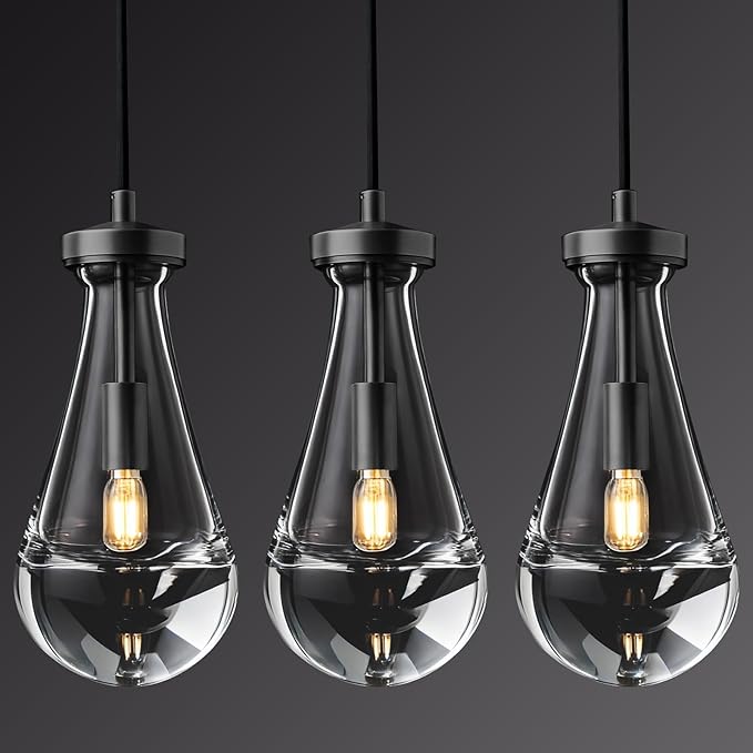 Raindrop Pendant Lights Kitchen Island Set of 3, Black Rain Pendant Island Light DimmableTeardrop Pendant Lights Dining Room Height Adjustable Glass Waterdrop Pendant Light, E12 Bulb Included