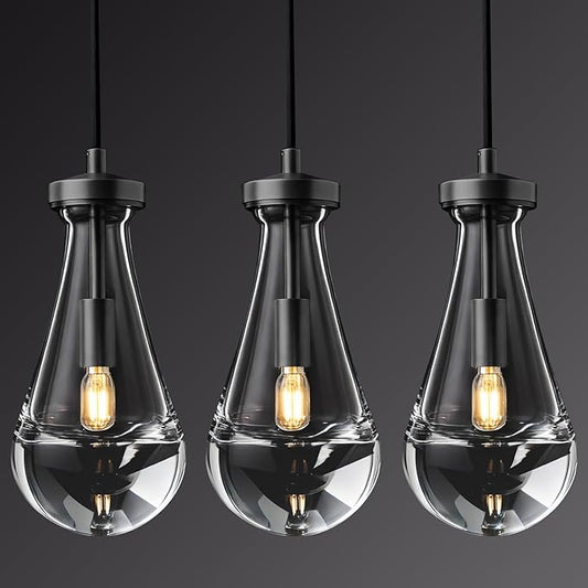 Raindrop Pendant Lights Kitchen Island Set of 3, Black Rain Pendant Island Light DimmableTeardrop Pendant Lights Dining Room Height Adjustable Glass Waterdrop Pendant Light, E12 Bulb Included