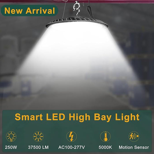 Smart 250W LED High Bay Light 37500lm Commercial Bay Lights with Remote Control(Supports Normal Mode & Motion Sensor Mode) AC100-277V ETL UFO Light-6Pack