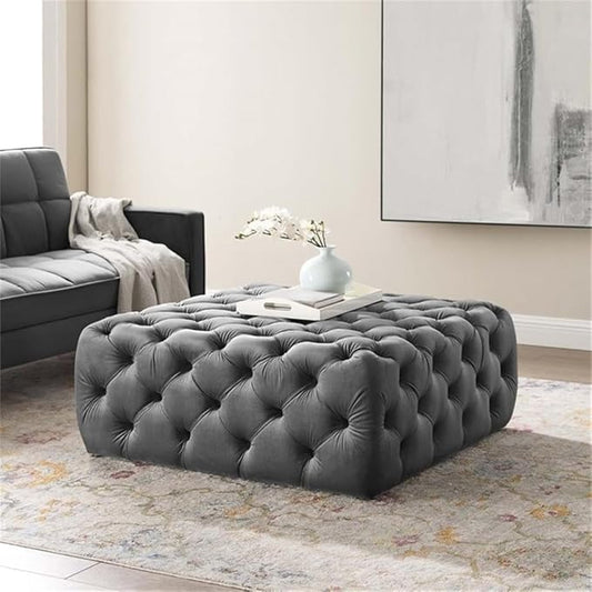 Modway EEI-3774-GRY Anthem Tufted Button Large Square Performance Velvet Ottoman, Gray