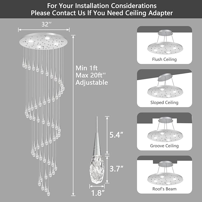 56-Lights 20 Feet Large Modern Chandelier LED Light Fixtures High Ceiling Long Light Chandelier for Entrance Foyer Dimmable Lights with Remote Living Room Ceiling Pendant Lighting Shine Silver