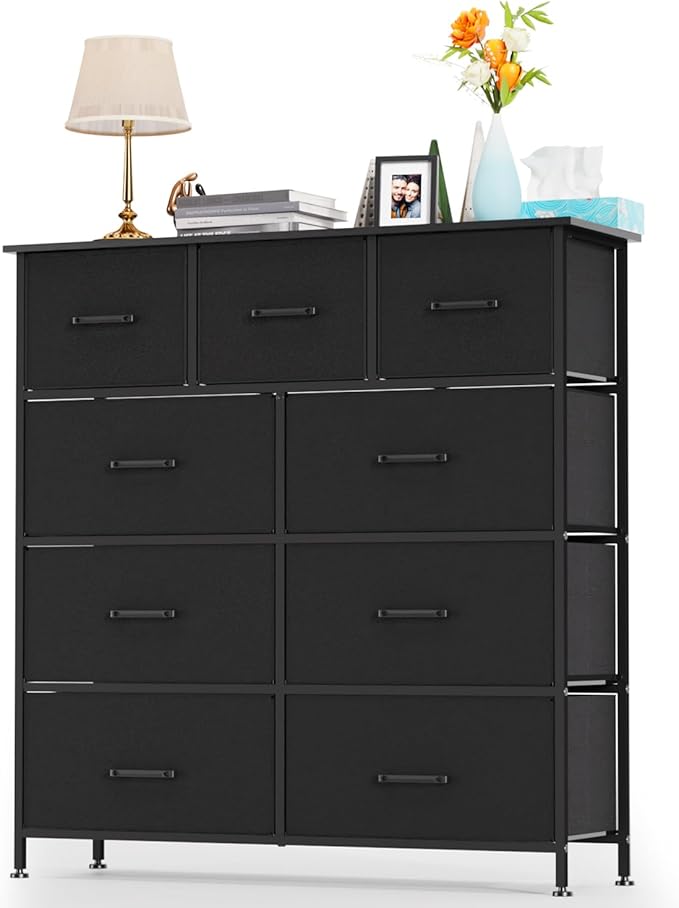 FDW 9-Drawer Fabric Dresser,Sturdy Storage Tower Dresser for Bedroom with Metal Frame,Clothes Organizer Easy-Pull Fabric Bins for Bedroom,Closet,Black