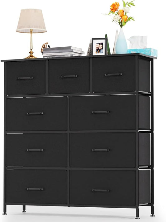 FDW 9-Drawer Fabric Dresser,Sturdy Storage Tower Dresser for Bedroom with Metal Frame,Clothes Organizer Easy-Pull Fabric Bins for Bedroom,Closet,Black