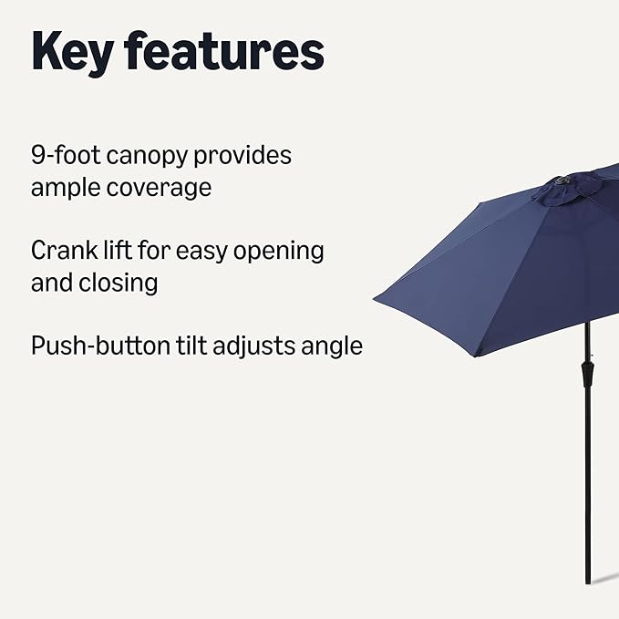 Amazon Basics Patio Umbrella with Crank Lift and Push Button Tilt, 9 Foot, Navy, Aluminum Pole with Steel Ribs