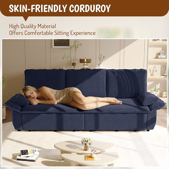 KEIKI 94.5'' King Size Pull Out Sleeper Sofa, 3-in-1 Convertible Futon Couch with Cloud Comfort, Corduroy Reclining Loveseat Sofa for Office, RV, Home Theater