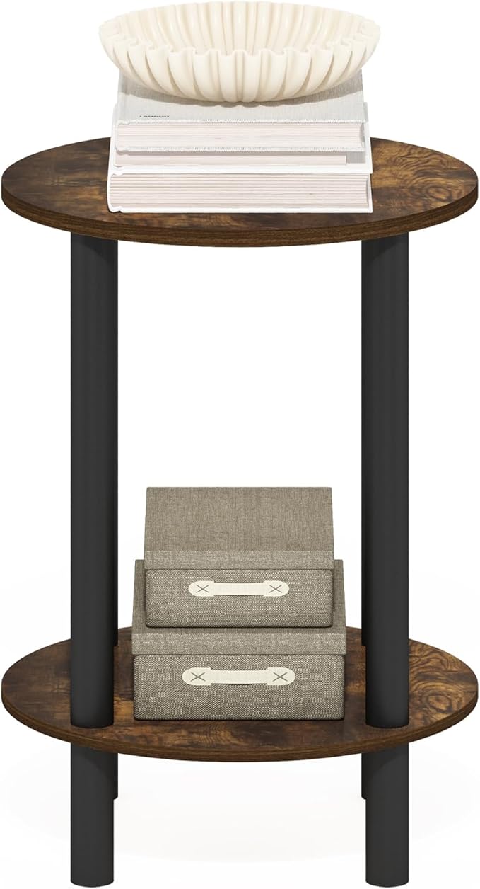 Furinno Turn-N-Tube Side Table, 2-Tier Round End Table, Toolless Assembly Night Stand, Bedside Table with Open Shelf, for Living Room, Bedroom, Amber Pine