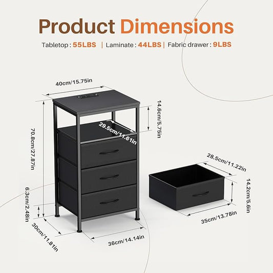 Sweetcrispy Nightstand with Charging Station, Bedside End Table with 3 Fabric Drawers & USB/Type-C Ports and Outlets, Night Stand for Bedroom Furniture, Adjustable Feet and Variable Light Strip, Black