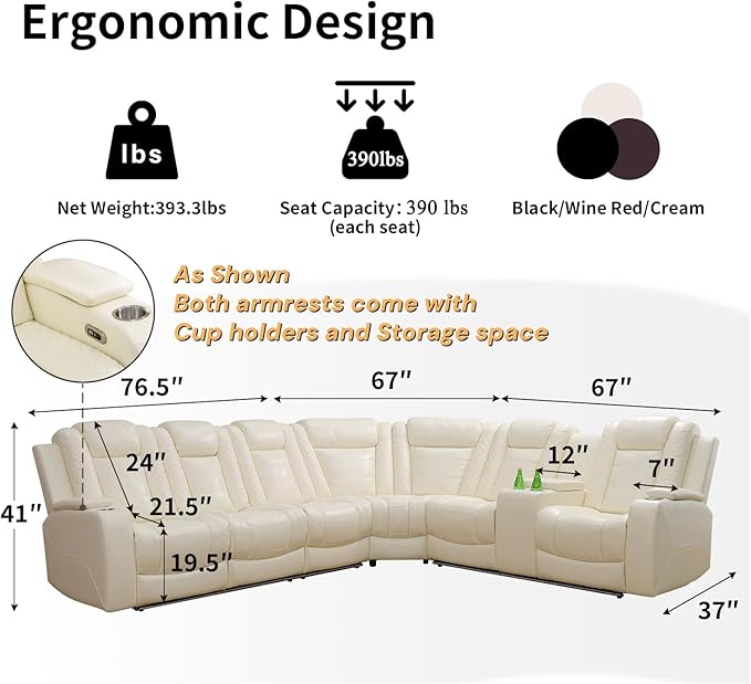 Power Recliner Sofa Sectional Couches with LED Light,Leather Reclining Corner Sectional Sofa Set with 3 Recliner Seats,Cup Holders,Storage Console for Living Room,Creamy