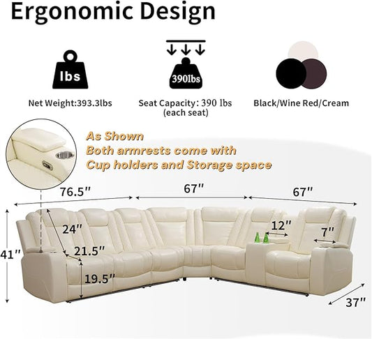 Power Recliner Sofa Sectional Couches with LED Light,Leather Reclining Corner Sectional Sofa Set with 3 Recliner Seats,Cup Holders,Storage Console for Living Room,Creamy